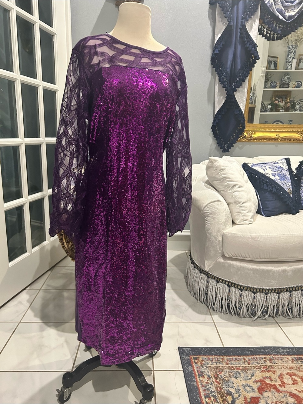 Elegant Purple Sequin Midi Dress with Sheer Lace Sleeves